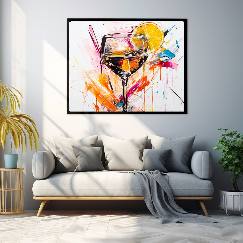 Framed Print artwork Bar/Night Life Art Bright Vibrant Neon Splashes Pink Orange Blue  Lemon Slice Surrounding A Martini Glass Full Of Alcohol On Black Background Framed Poster Painting Alcohol Art Close Up Portrait 