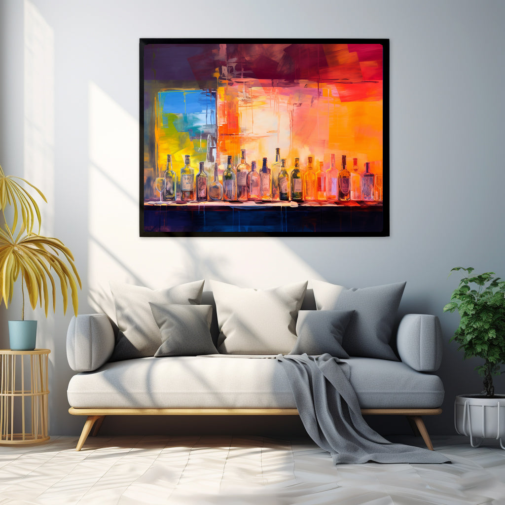 Framed Print Artwork Alcohol Bar Filled With Bottles Of Alcohol Night Life Vibrant Oil Painting Style Colorful Party Drinking Lifestyle Framed Poster