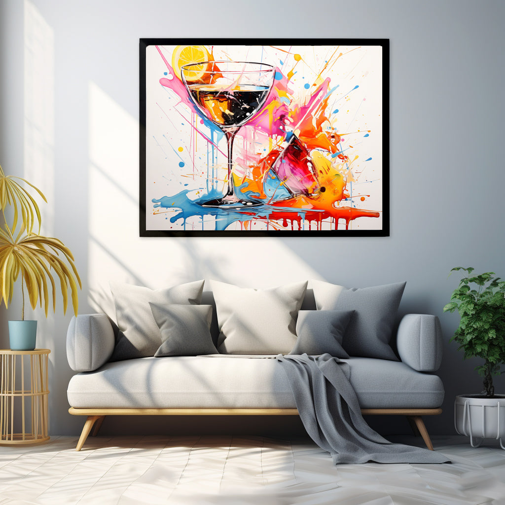 Framed Print Artwork Bright Colorful Cocktail Splashing Out Of The Glass Lemon Slices Lining Champagne Glass Vibrant Bright Drink Inside Glass White Background Attention Grabbing Art Piece Framed Poster Painting Alcohol Art