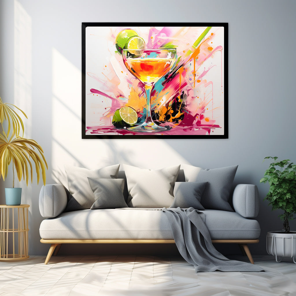 Framed Print Vibrant Alcohol Artwork Lime Slices Lining A Champagne Glass Splashes Of Vibrant Colors Span The Background Attention Grabbing Conversation Starter Framed Poster