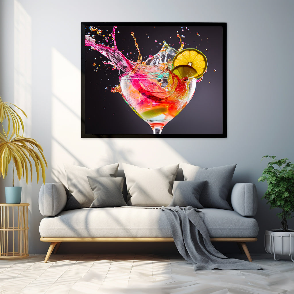 Framed Print Artwork Bright Colorful Cocktail Splashing Out Of The Glass Lemon Slices Lining Champagne Glass Vibrant Bright Drink Inside Glass Framed Poster Painting Alcohol Art