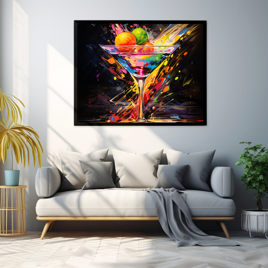 Framed Print artwork Bar/Night Life Art Bright Vibrant Neon Splashes Surrounding A Martini Glass Full Of Alcohol On Black Background Framed Poster Painting Alcohol Art Iced Drink Close Up 