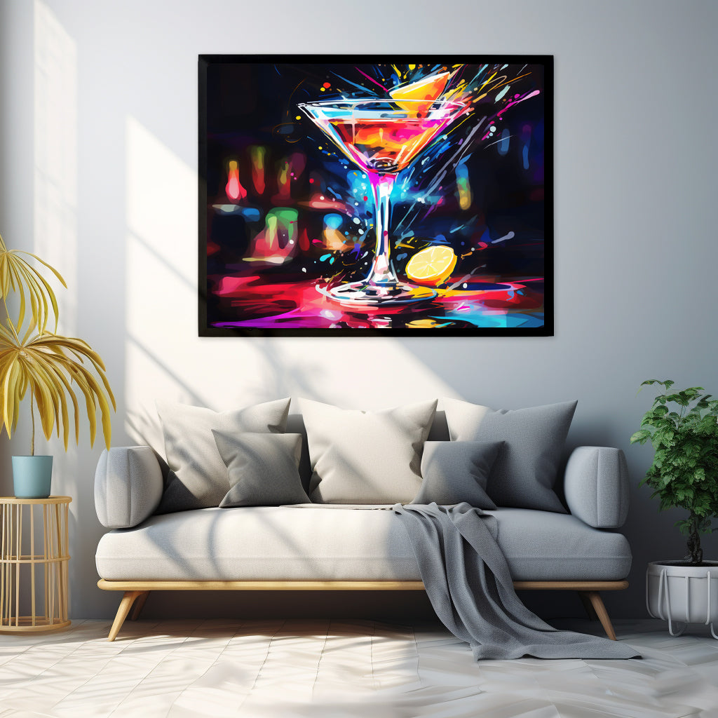Framed Print Artwork Bar/Night Life Art Bright Neon Splashes Surrounding A Martini Glass Full Of Alcohol Framed Poster Painting Alcohol Art Iced Drink Close Up 