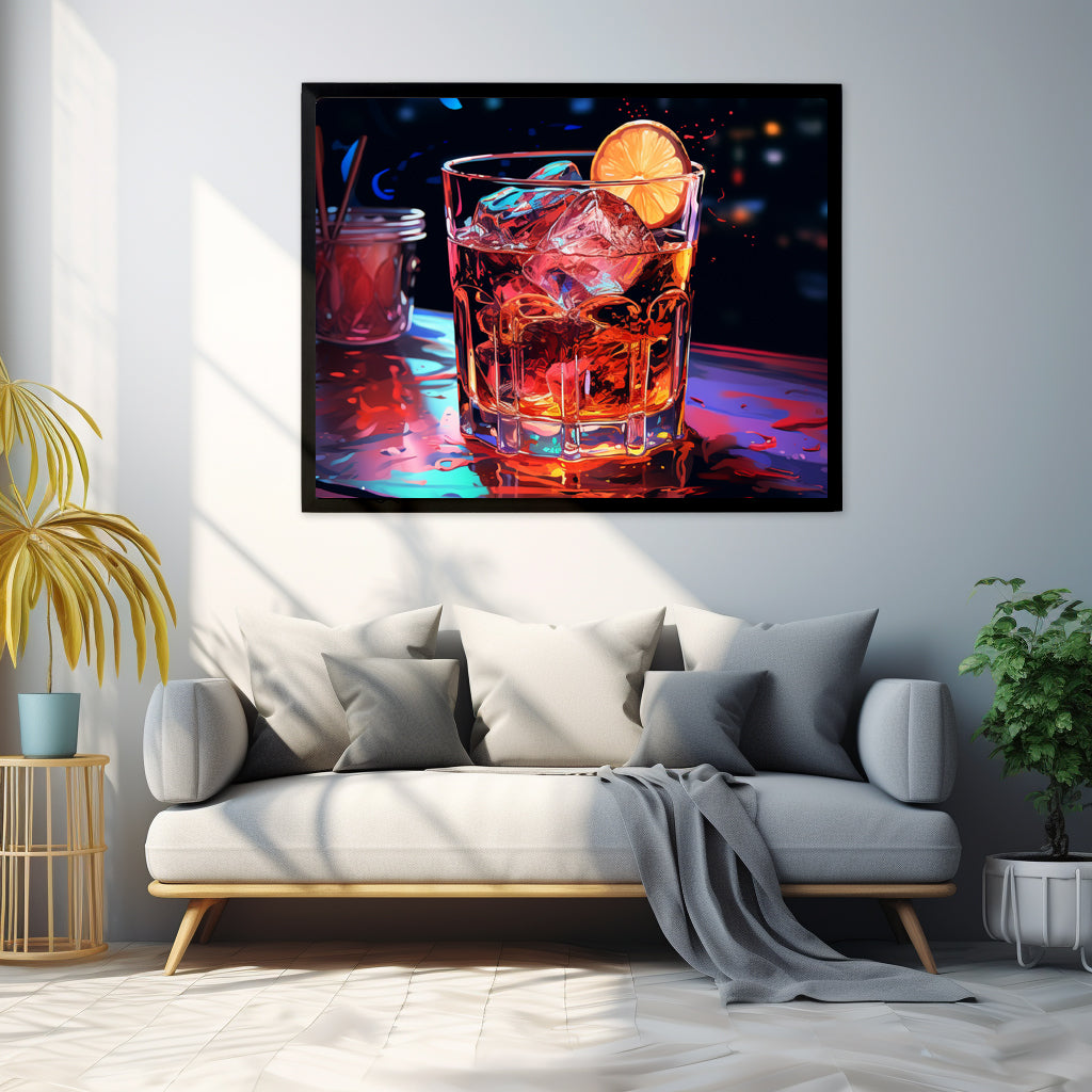 Framed Print Artwork Alcohol And Night Life Bar Art Alcoholic Drink With Ice And Lemon Slice Framed Poster Neon Light Bar Artwork