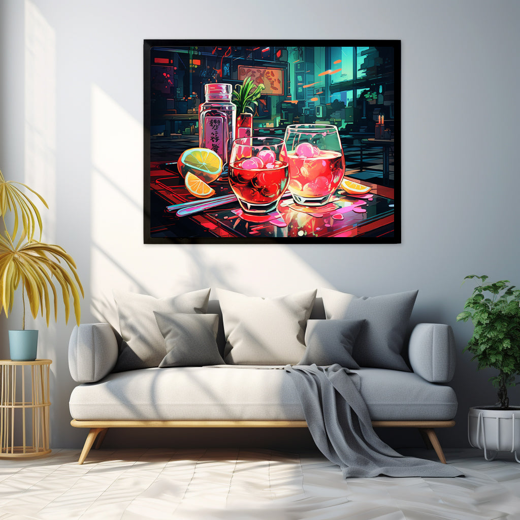 Framed Print Artwork Japanese Manga Style Alcohol And Night Life Bar Art Alcoholic Drink With Ice And Lemon Slice Framed Poster Neon Light Bar Artwork Urban Setting Lifestyle