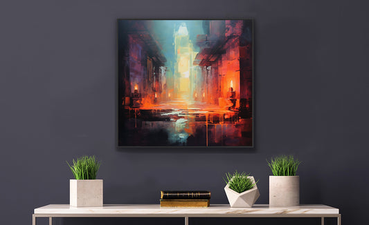 Framed Print Abstract artwork Vibrant Art Framed Oil Painting Style Stone Surroundings Lit By Candle Light Overall Ancient Feel Surrounded By Stone Abstract Art