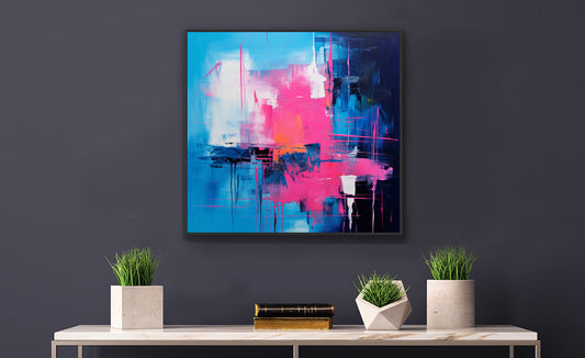 Framed Print Abstract Art Oil Painting Style Vibrant Open Abstract Blue Pink White Black Framed Poster