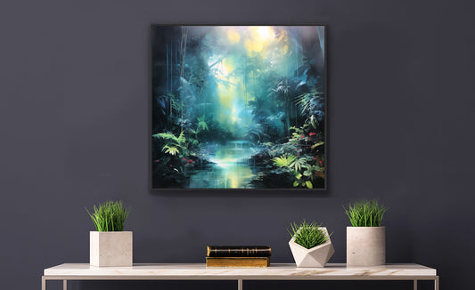 Framed Print Abstract Artwork Dense Misty Jungle And Stream Of Water Truly A Mesmerising Unworldly Scene Oil Painting Style Abstract Art Natural Conversation Starter Framed Poster Nature