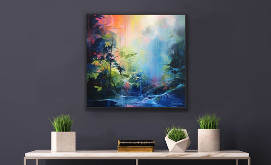 Framed Print Abstract Artwork Bright Vibrant Colorful Jungle And Stream Of Water Oil Painting Style Abstract Art Framed Poster Nature