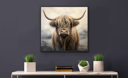 Framed Artwork Strong Stunning Highlander Bull Sunlit Staring Into The Viewer Captivating Painting Style