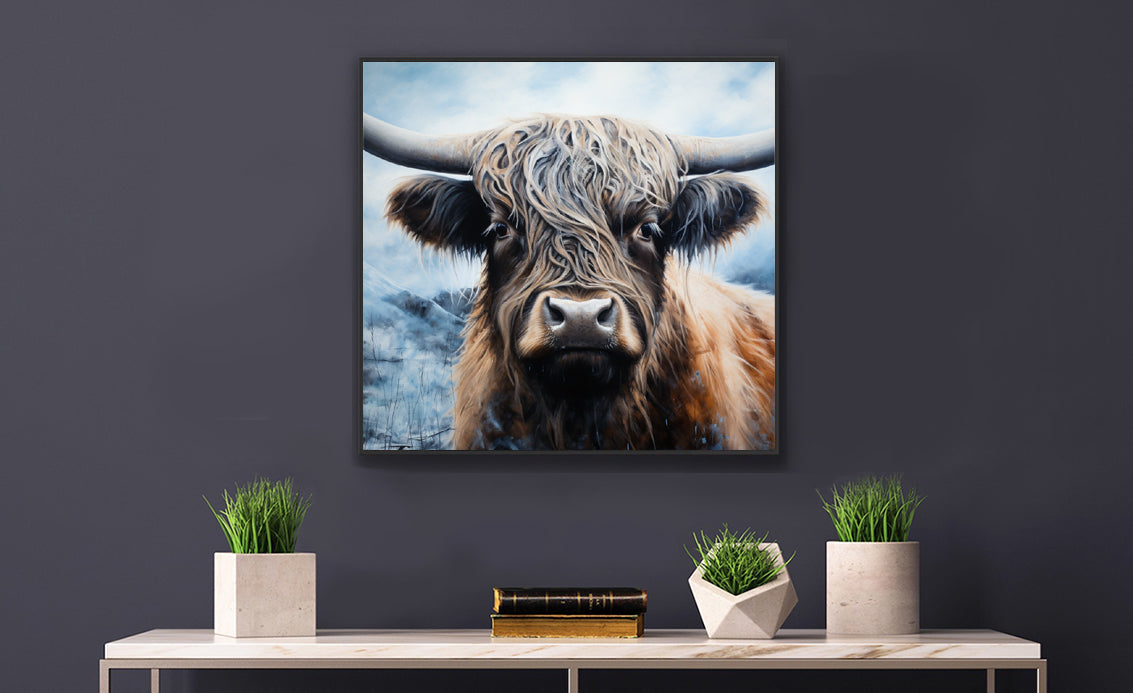 Framed Print Poster Artwork Strong Stunning Highlander Bull Emotional Staring Into The Viewer Captivating Highly Detailed Painting Style
