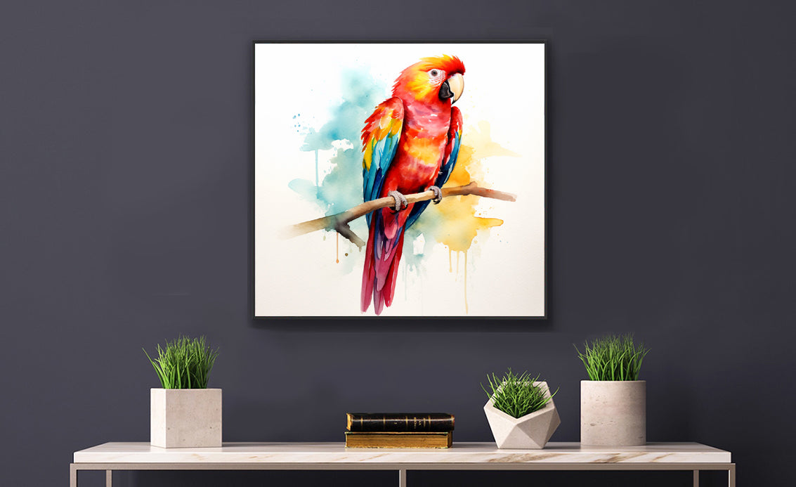 Framed Print Poster Artwork Bright Red Parrot With Rainbow Wings Perched On A Tree Branch Nature Influenced Water Color Painting Style