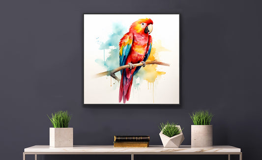 Framed Print Poster Artwork Bright Red Parrot With Rainbow Wings Perched On A Tree Branch Nature Influenced Water Color Painting Style
