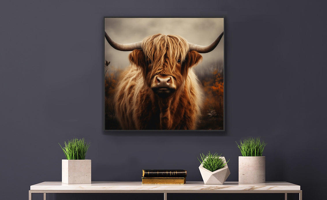 Framed Print Artwork Strong Stunning Dull Dark Gloomy Fierce Fire Highlander Bull Warm Fiery Background Emotional Staring Into The Viewer Captivating Highly Detailed Painting Style Perfect To Warm Up A Homestead Or Country Home Framed Poster