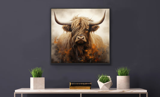 Framed Print Artwork Strong Stunning Highlander Bull Warm Fiery Flames Emotional Stylish Bull Staring Into The Viewer Captivating Highly Detailed Painting Style Perfect To Warm Up A Homestead Or Country Home Framed Poster