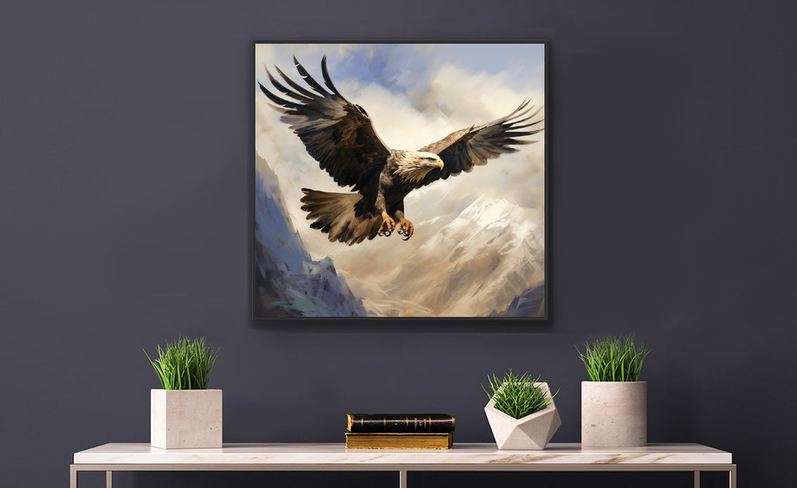 Framed Artwork Print Strong Soaring Bald Eagle Snowy Mountains Detailed Painting, Large Wing Span Mid Flight Ready To Swoop