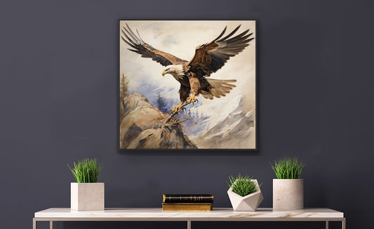 Framed Artwork Strong Soaring Bald Eagle Snowy Mountains Detailed Painting