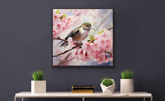 Framed Print Artwork Humming Bird Perched On Tree Branch Amongst Cherry Blossoms Framed Poster Artwork