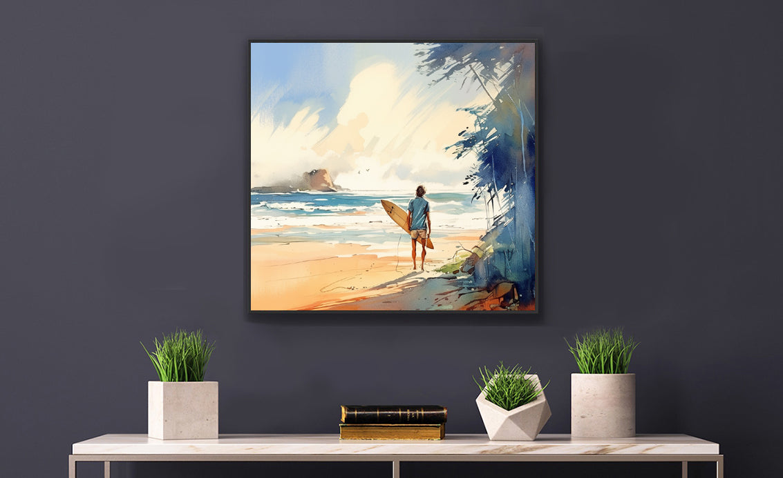 Framed Print Artwork Beach Ocean Surfing Art Surfer Looking Out Over The Waves Seeking The Perfect Spot Framed Poster Artwork