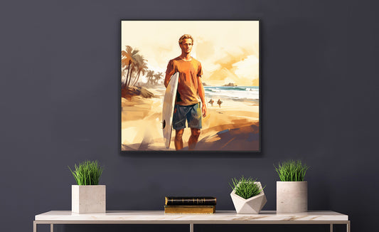 Framed Print Artwork Beach Ocean Surfing Art Surfer Walking Up The Beach With Surfboard Framed Poster Artwork