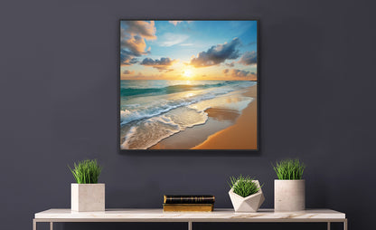 Framed Print Artwork Beach Ocean Waves Crashing Onto Clean Sand Sunset Clear Open Blue Sky With Few Clouds Perfect Soothing Beach Scene Floating Frame Poster Artwork