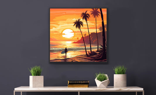 Framed Print Artwork Beach Ocean Surfing Warm Sunset Art Surfer Walking Up The Beach Holding Surfboard Palm Tree Silhouettes Sets The Tone Framed Poster Artwork