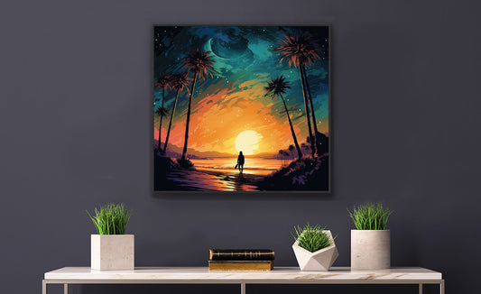 Framed Print Lifestyle/Ocean Side Artwork Smooth Ocean Water Dark Sunset Palm Tree Silhouettes Line The Pathway Large Sun Setting In Line With Perspective Moon Lit Star Filled Night Sky Framed Poster Artwork