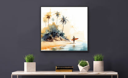 Framed Print Artwork Beach Ocean Surfing Art Surfer Walking Up The Beach Holding Surfboard Palm Trees Sets The Tone Framed Poster Artwork