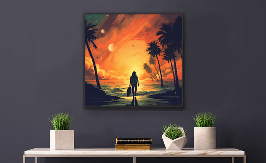 Framed Print Artwork Beach Ocean Surfing Warm Suns Set Art Surfer Walking Down To The Beach Holding Surfboard Palm Tree Silhouettes Sets The Tone Framed Poster Artwork