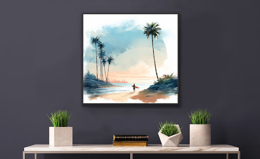 Framed Print Artwork Beach Ocean Surfing Warm Sun Set Art Surfer On Beach Holding Surfboard And Palm Tree Silhouettes Water Color Style City In Background Impressive Beach Scene Framed Poster Artwork
