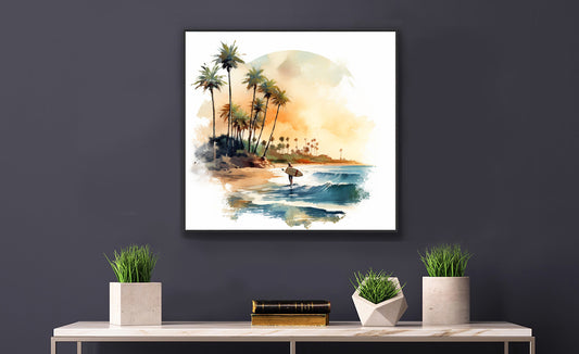 Framed Lifestyle/Ocean Side Artwork Stunning Watercolor Style Framed Painting Waves Surfer Surfing