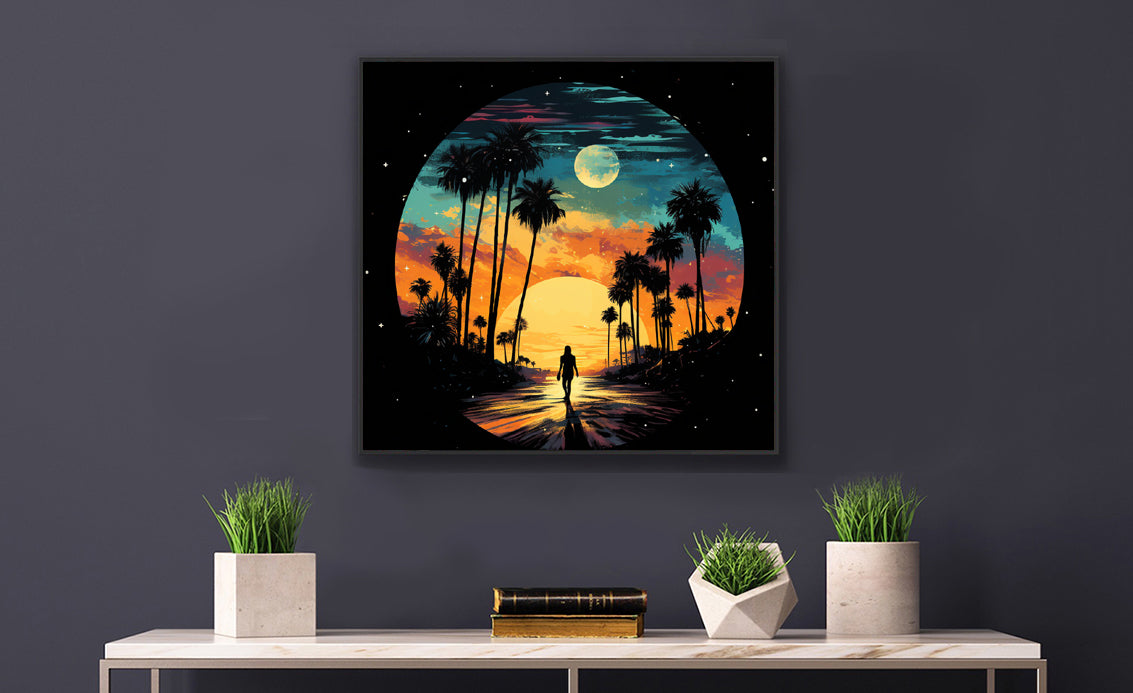 Framed Print artwork sunset watercolor oceanside framed painting Warm Colors Vintage Cars And A Large Sun Setting Into The Horizon Framed Print Artwork