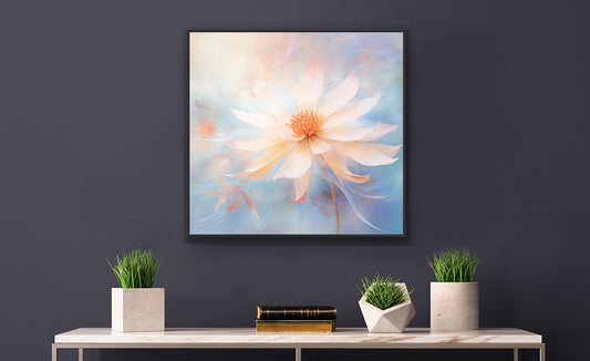 Framed Print Watercolor Style Soft White Daisy Flower Light Blue Background Soothing & Overall Calming Feel Painted Nature Art Plants Flowers Garden Framed Poster