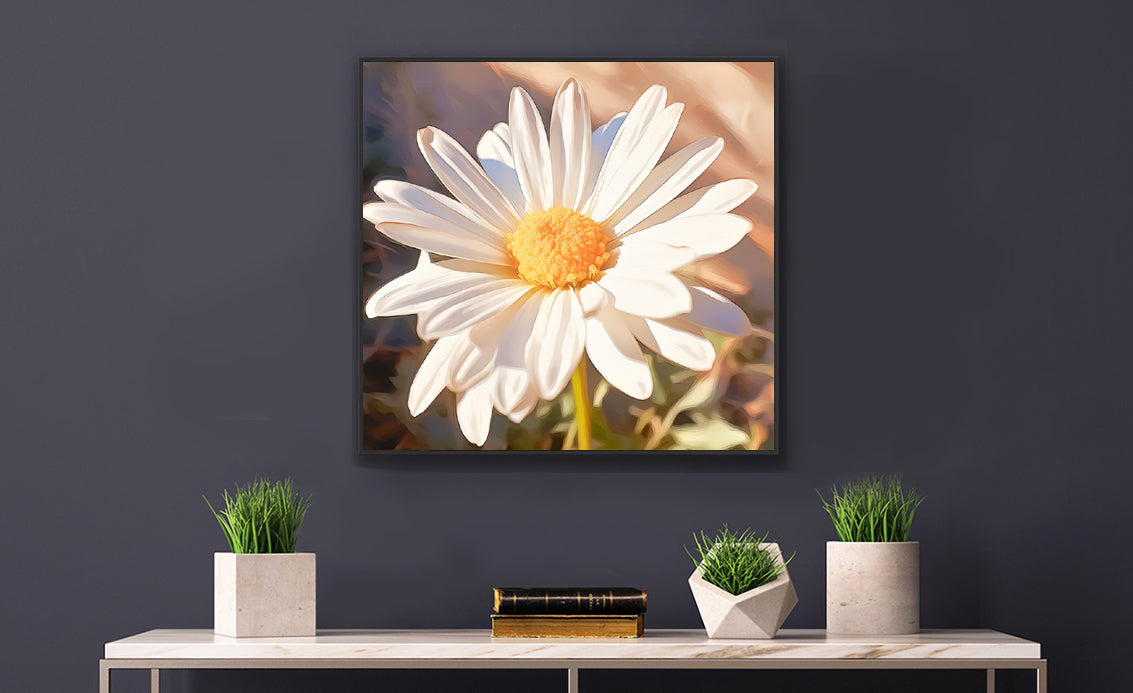 Framed Nature Inspired Artwork Stunning Sunlit Daisy Blooming Oil Painting Style 