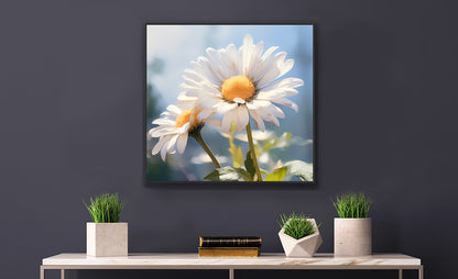 Framed Print Double Daisy Realistic Oil Painting Nature Inspired Artwork Stunning Sunlit Twin Daisy Blooming Oil Painting Style 