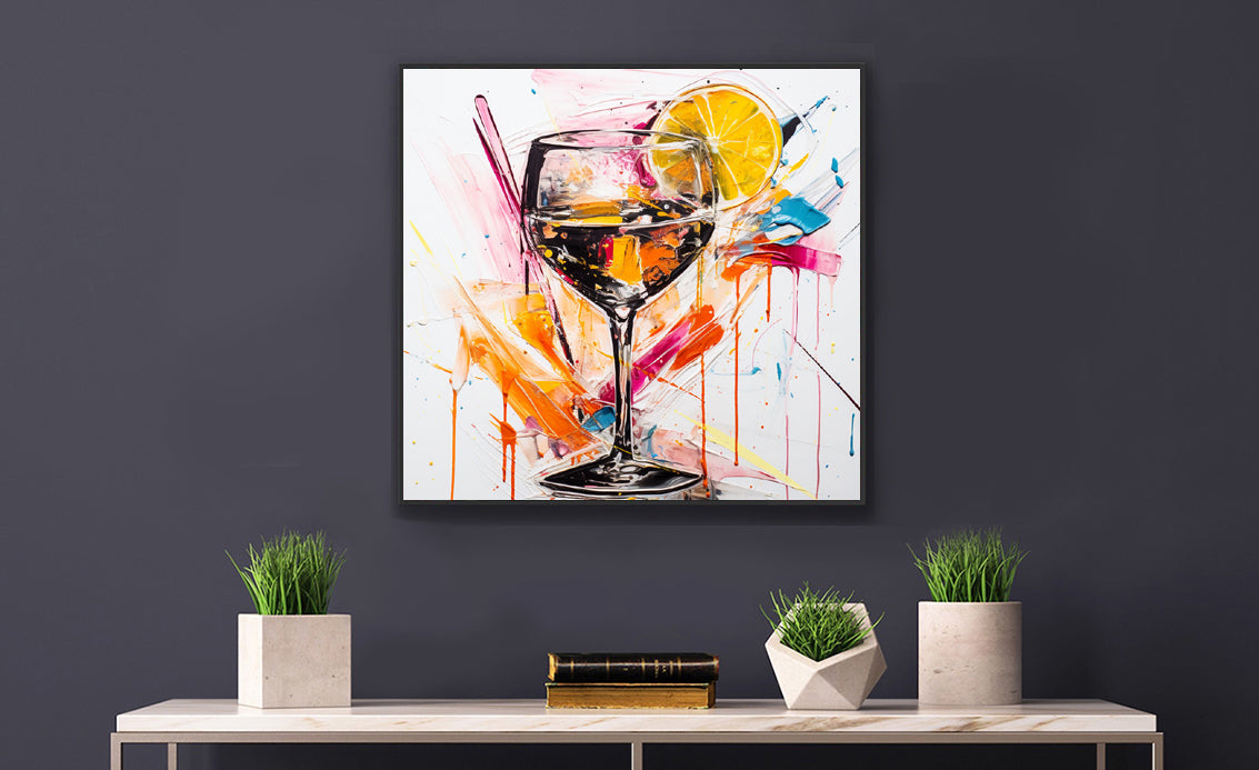 Framed Print artwork Bar/Night Life Art Bright Vibrant Neon Splashes Pink Orange Blue  Lemon Slice Surrounding A Martini Glass Full Of Alcohol On Black Background Framed Poster Painting Alcohol Art Close Up Portrait 