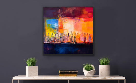 Framed Print Artwork Alcohol Bar Filled With Bottles Of Alcohol Night Life Vibrant Oil Painting Style Colorful Party Drinking Lifestyle Framed Poster