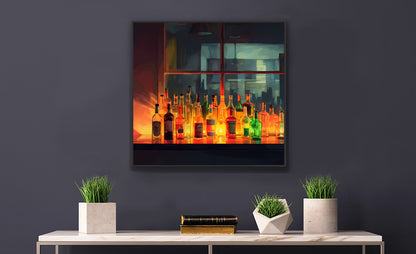 Framed Print Artwork Alcohol Bar Night Life Vibrant Colorful Well Lit Bar With Alcohol Bottles Lined Up Party Drinking Lifestyle Framed Poster