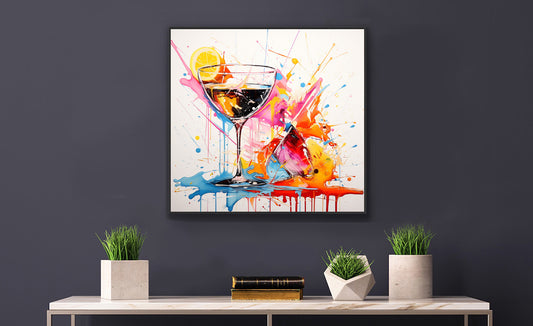Framed Print Artwork Bright Colorful Cocktail Splashing Out Of The Glass Lemon Slices Lining Champagne Glass Vibrant Bright Drink Inside Glass White Background Attention Grabbing Art Piece Framed Poster Painting Alcohol Art