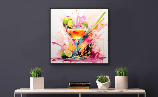 Framed Print Vibrant Alcohol Artwork Lime Slices Lining A Champagne Glass Splashes Of Vibrant Colors Span The Background Attention Grabbing Conversation Starter Framed Poster