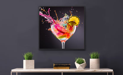 Framed Print Artwork Bright Colorful Cocktail Splashing Out Of The Glass Lemon Slices Lining Champagne Glass Vibrant Bright Drink Inside Glass Framed Poster Painting Alcohol Art
