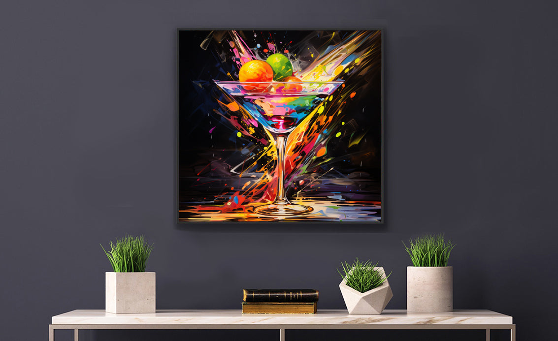 Framed Print artwork Bar/Night Life Art Bright Vibrant Neon Splashes Surrounding A Martini Glass Full Of Alcohol On Black Background Framed Poster Painting Alcohol Art Iced Drink Close Up 