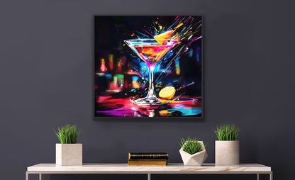 Framed Print Artwork Bar/Night Life Art Bright Neon Splashes Surrounding A Martini Glass Full Of Alcohol Framed Poster Painting Alcohol Art Iced Drink Close Up 