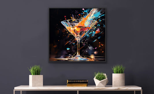 Framed Print artwork Bar/Night Life Art Bright Vibrant Neon Splashes Surrounding A Martini Glass Full Of Alcohol On Black Background Framed Poster Painting Alcohol Art Close Up Portrait 