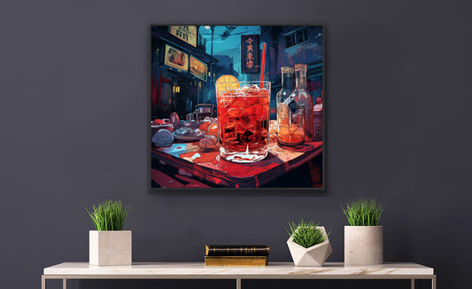 Framed Print Artwork Japanese Manga Style Alcohol And Night Life Bar Art Alcoholic Drink With Ice And Lemon Slice Framed Poster Neon Light Bar Artwork