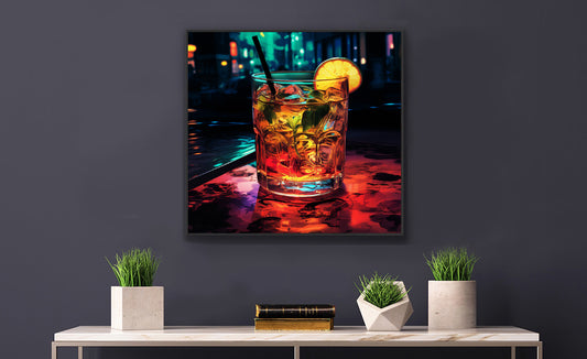 Framed Artwork Bar/Night Life Art Framed Painting Alcohol Art Bartender Fixing Drinks In A Vibrant Bar