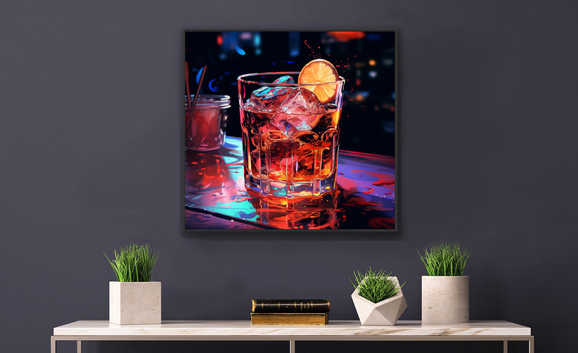Framed Print Artwork Alcohol And Night Life Bar Art Alcoholic Drink With Ice And Lemon Slice Framed Poster Neon Light Bar Artwork