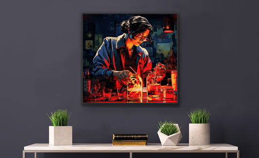 Framed Print Artwork Bar/Night Life Art Framed Poster Painting Alcohol Art Attractive female Bartender Fixing Drinks In A Vibrant Neon Red Bar