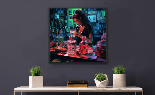 Framed Print Artwork Japanese Manga Style Bar/Night Life Art Attractive Young Bartender Mixing Drinks In A Busy Neon Lit Bar Framed Poster Painting Alcohol Art
