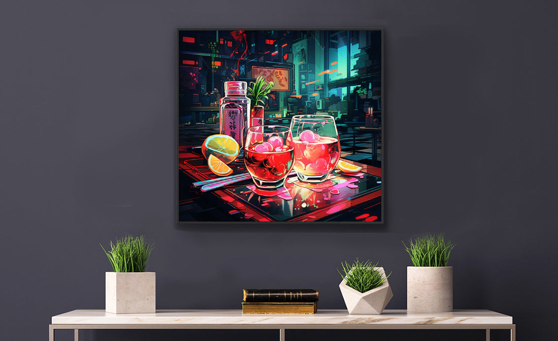 Framed Print Artwork Japanese Manga Style Alcohol And Night Life Bar Art Alcoholic Drink With Ice And Lemon Slice Framed Poster Neon Light Bar Artwork Urban Setting Lifestyle